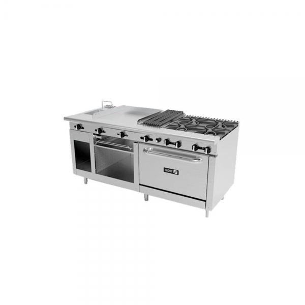 Estufa 4 fuegos abiertos, asador 12", plancha 24", horno, gratinador, freidora